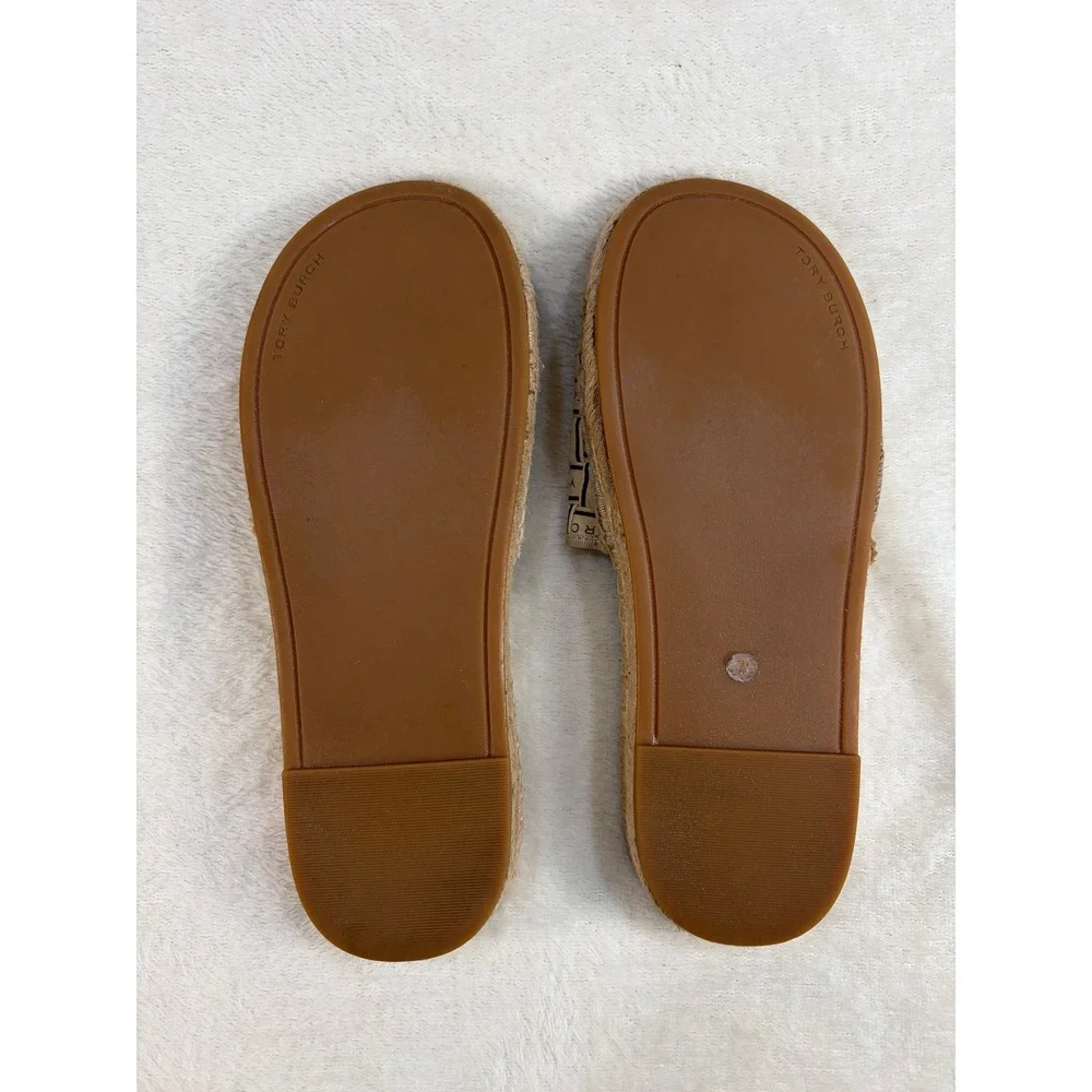 Tory Burch Beige Woven Ribbon Logo Espadrille Slide Sandals Womens 7 Excellent